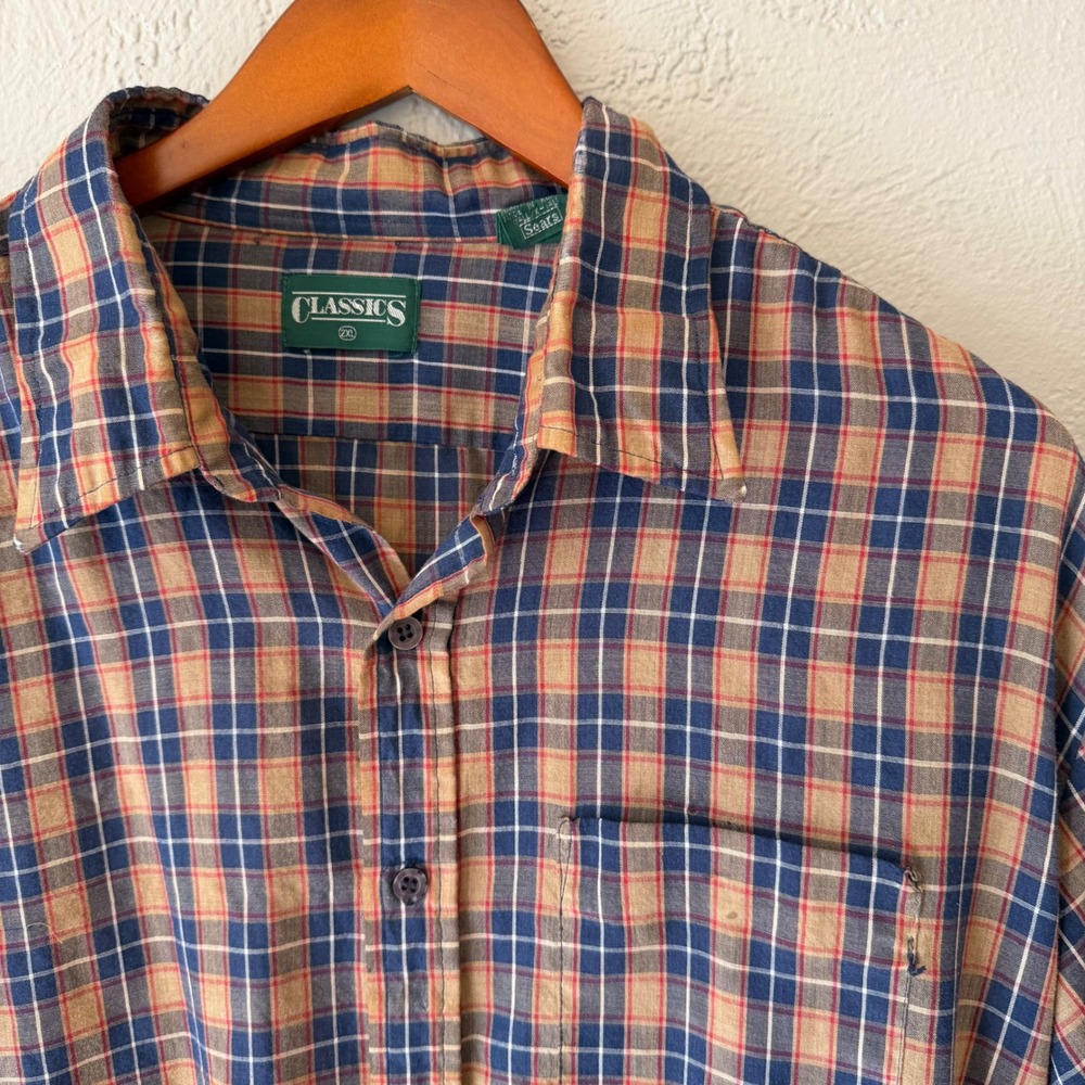 Vintage Sears Classics Plaid Button Down Shirt 2XL Tall Blue Tan Distressed